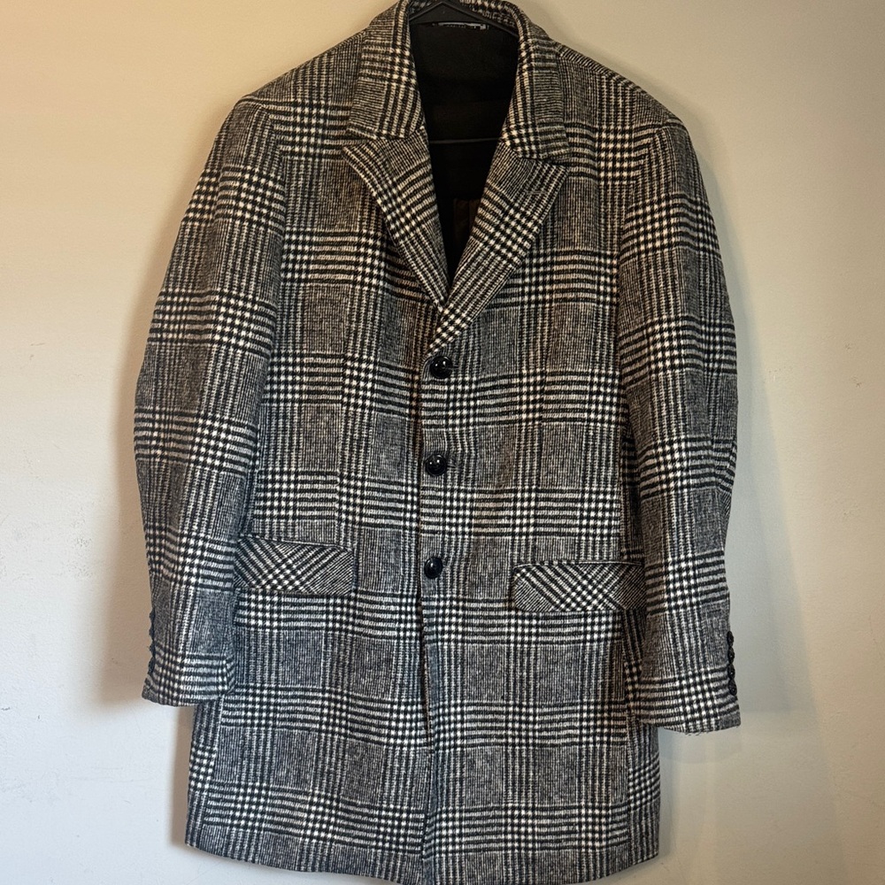 NWOT Men's Black & White Glen Check Plaid Pea Coat - Classic Wool Blend